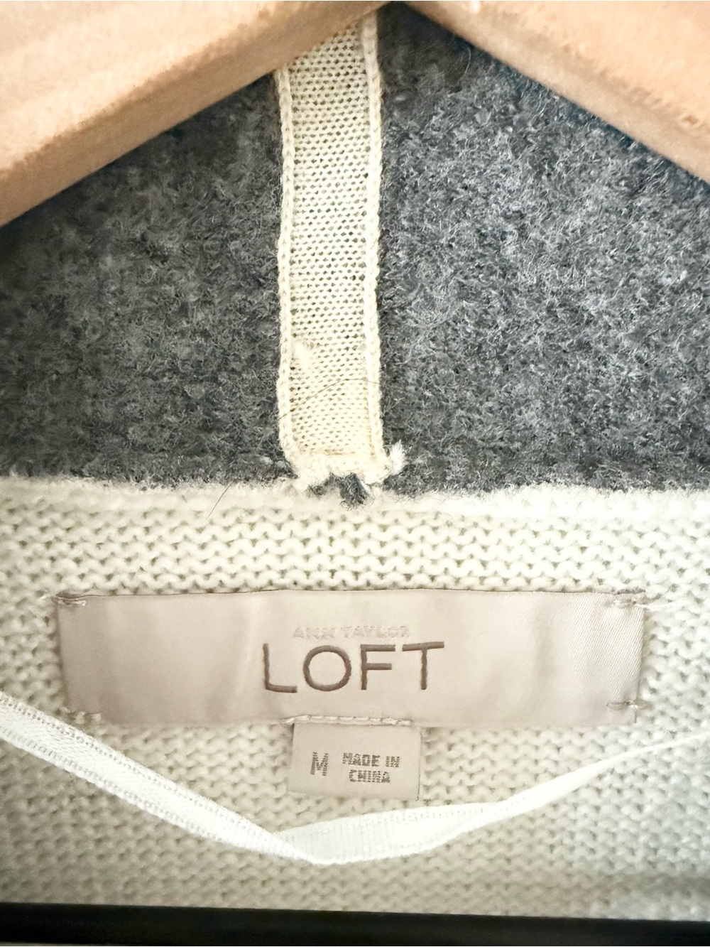 LOFT Two-Tone Open Front Cardigan Jacket Wool Cotton Blend Cream & Light Gray -M - Picture 5 of 6
